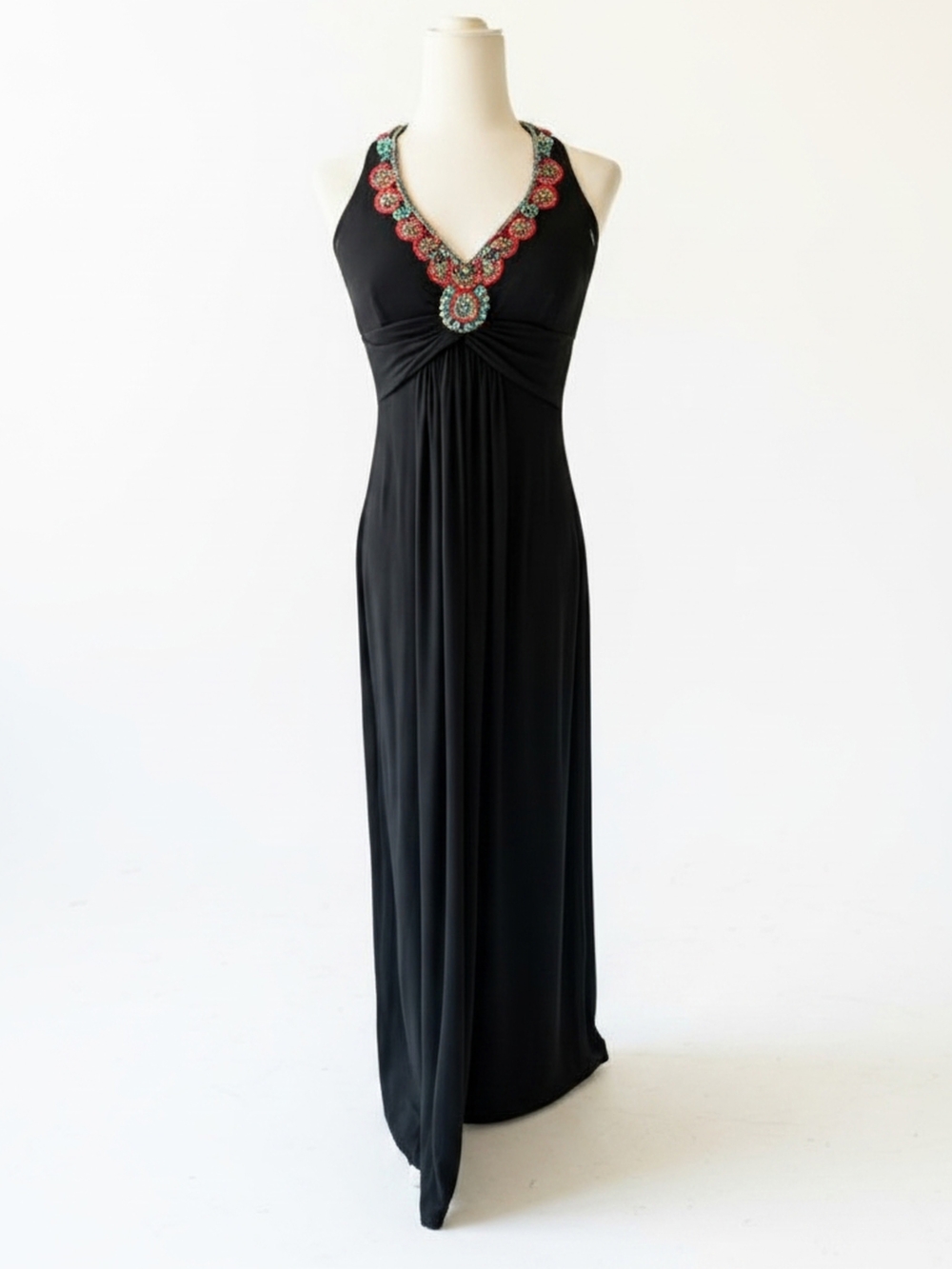 Cache Black Maxi Dress with Red & Turquoise Beaded V-Neckline